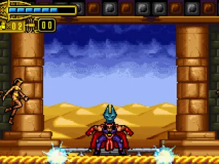 
											He will attack of diverse forms: in the first one (making this very quaint pose), energy balls will cross the screen in both sides. Jump them and you'll be safe.