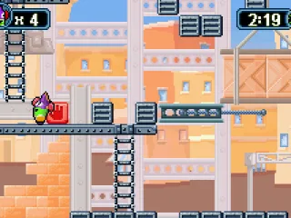 
											Red blocks can be moved and are used as platforms, since LarryBoy can't jump very high.