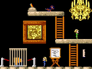 
											The first level.  Ashley, who's wearing green, must flip the switch to open the cage so Mary Kate can collect the puzzle piece.
