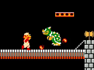 
											Before Bowser spits his fireball, Mario strikes back shooting some fireballs too.