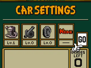 
											Before racing, you use points (unlocked by winning gold trophies) to allot your car parts.