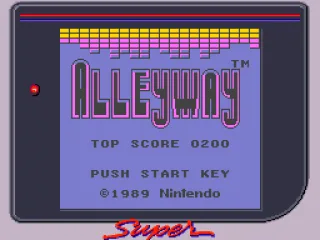 
											Title screen on Super Game Boy. Alleyway is one of the games that is internally detected and assigned one of the predefined palettes.