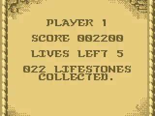
											Whenever you die, this screen will splash, showing how many lives you still have got and how many lifestones you've collected.