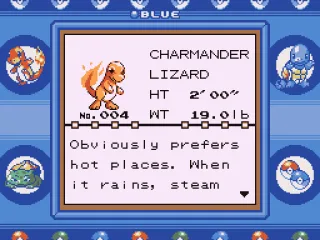 
											Charmander's Pokédex.  The Pokédex lists information on all types of Pokémon that you have owned.