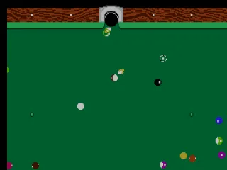
											The ghost ball (seen near the arrow pointing to the pocket) showing path of the hit ball. Also any game that needs for the player to call there shots is done automatically shown by the arrows.