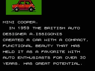 
											Description of the Mini Cooper, your first car in the game