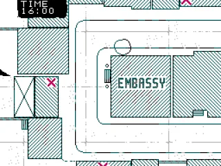
											The plan of the Embassy. X's mark where the snipers will travel to