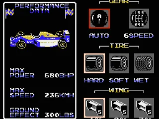 
											Car setup -- choose transmission type, tire, and wing
