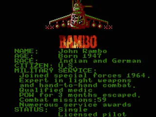 
											John Rambo’s Bio at the start of the game.