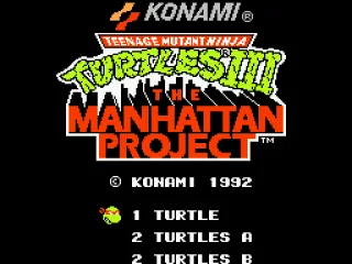 
											Title screen. Choose 1 or 2 simultaneous players and if turtles can hit each other or not.
