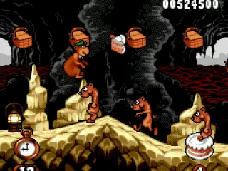 
											Yogi Bear trying to jump above another row of weasels: this time he's hit by one of them!