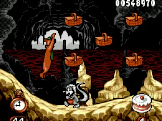 
											Yogi jumping to collect some picnic baskets: meanwhile, a pestering skunk comes in his direction...