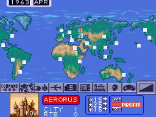 
											Command interface (left to right): Routes, Negotiate, Buy/Sell Planes, Budget, Advertising, Construction, Advice, Options, End Turn