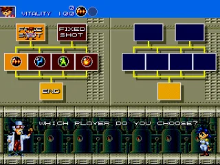 
											Select which Gunstar Hero you want to be; Free Shot (Gunstar Red) can run while firing; Fixed Shot (Gunstar Blue) can't move while firing, but can fire in 8 directions!