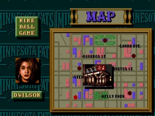 
											The game map. Your first opponent is in a game of nine ball named Dixie Wilson.