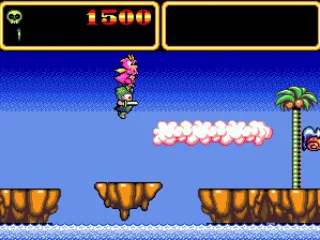 
											The boy is carried by his pink companion