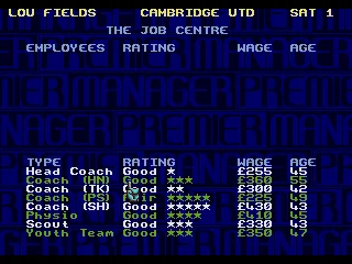 
											The job centre is crucial. A good trainer will get the most from your players, a physio reduce injury time, a scout search for better deals and a youth team manager to find the next Ronaldinho.