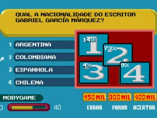 
											If you choose the other players help, a screen showing the percentage of players guessing each answer will appear.