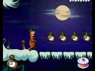 
											Yogi is about to cross a bridge and collect some clocks!