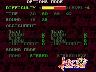 
											The Options mode. Note the extra Stereo mode. Use this and the game will have surround sound!