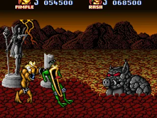 
											The rock pig boss monster approaches and the Toads are suitably scared