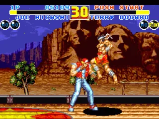 
											Fighting on a train. There's some famous scenery in the background. Again, also notice how Joe Higashi moves from one plane to another