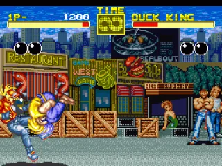 
											Round 1: Duck King attacks with a move remniscent of Blanka from Street Fighter 2