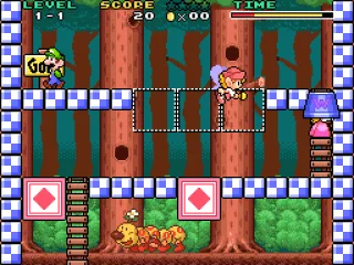 
											The first level is pretty basic, with no hazards. Note the similarity to Mario vs. Donkey Kong.
