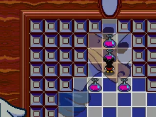 
											As he get's shrunk, Mickey has to push potion flasks into the magic mirror, so Donald can use the potions to make a powder and bring him back to normal.