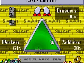 
											The Caste control menu.  Use it to set what kinds of ants will be produced.