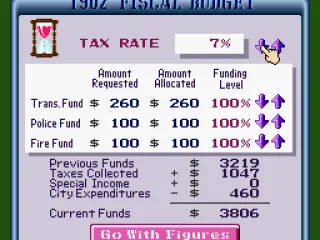 
											The yearly budget. Plan city spending and allocate funds wisely.
