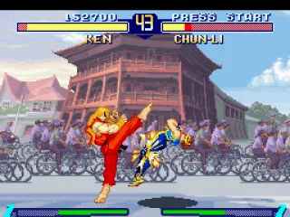 
											Taking advantage of Chun-Li's open guard, Ken hits her through his kickin' move Inazuma Kakato Wari.