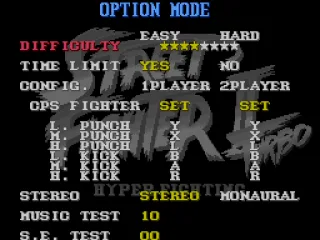 
											Options screen: change the difficulty level, controller buttons, time limit and hear any musics and sounds.