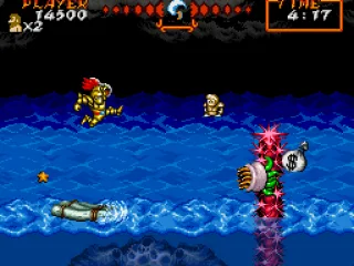 
											The stormy waves bounce the player up and down throughout this section
