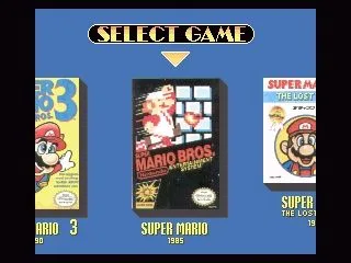 
											The nice game selection screen, complete with the original boxes. Here we have Super Mario Bros...