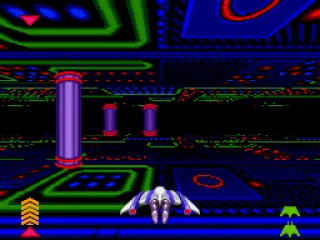 
											The Cyberrun sequence. Meter on the right shows your health, and the meter on the left shows the distance travelled.