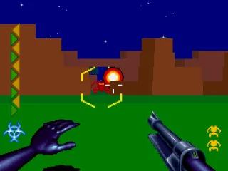 
											The VR cyberwar sequence. Destroy the threats to move on. The meter on the left shows your health.