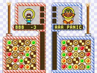 
											VS mode:  Line-up the 5 cookies to clear them.  Yoshi-cookies can be used as weapons against your opponents.