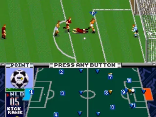 
											The Dutch player is preparing to kick the ball. Notice the